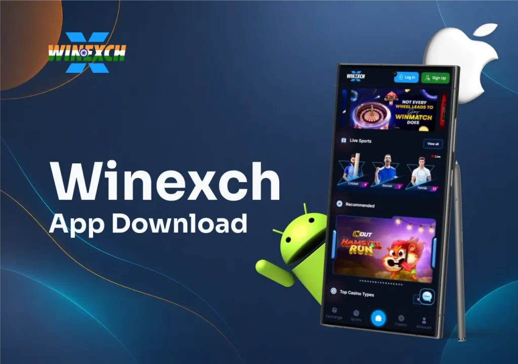 Phone showing the Winexch home screen with Android and Apple app compatibility icons.